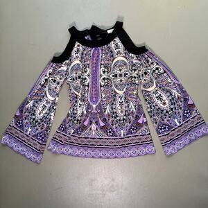 5 Twelve Cold Shoulder Blouse XS Whimsygoth Bell Sleeve Paisley Festival